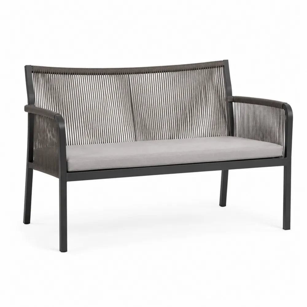 Ławka metalowa z linowym oparciem i poduszką, czarna/szara 120 cm