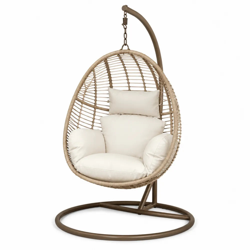 Fotel wiszący z poduszkami z rattanu syntetycznego beżowy