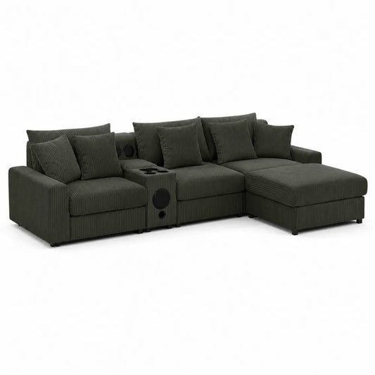 Modułowa sofa narożna z tkaniny sztruksowej z leżanką i wbudowanym głośnikiem, ciemnozielona, 300 cm